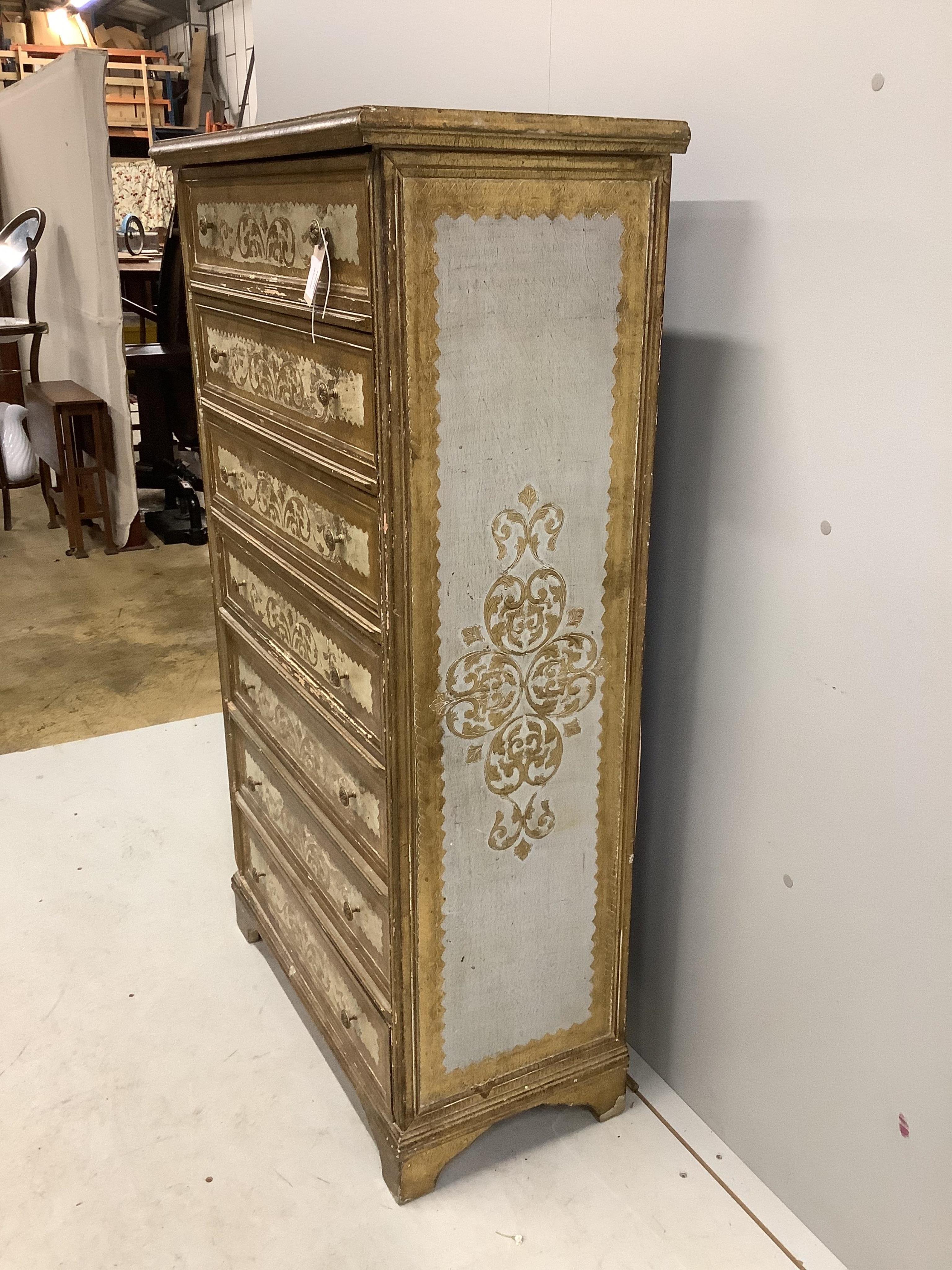 A Venetian style cream and gilt painted tall chest of seven drawers, width 74cm, depth 37cm, height 130cm. Condition - fair